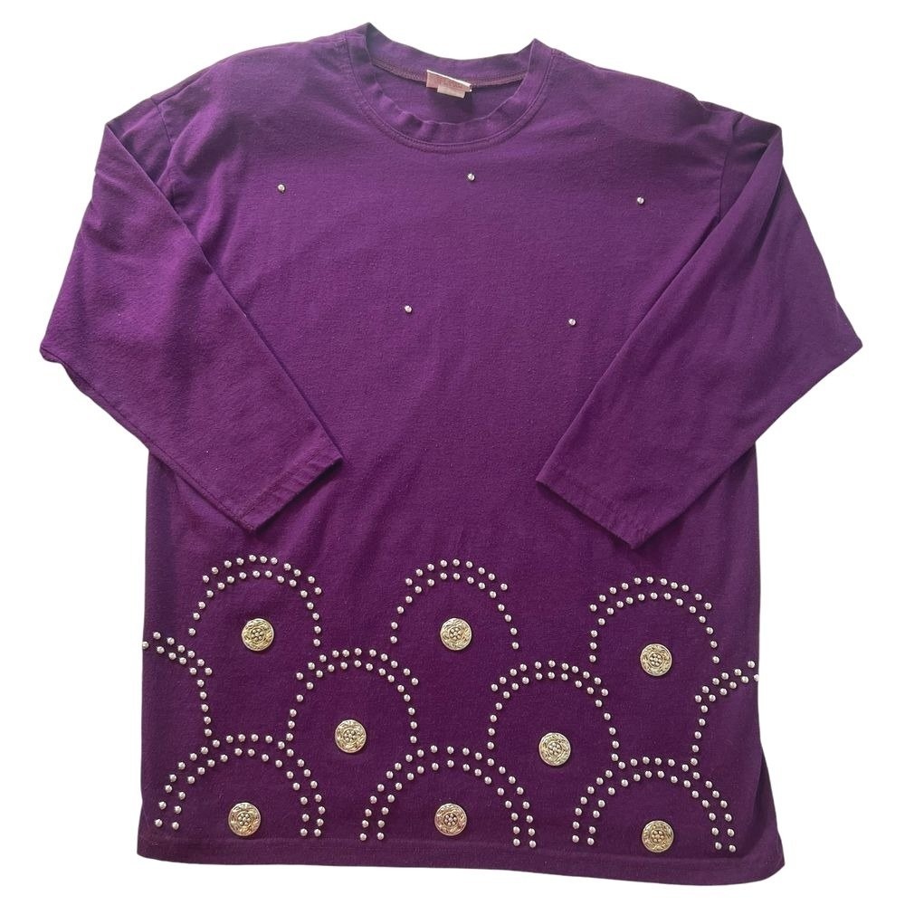 Vintage TSL Super Line‎ Purple Studded Gold Button Tunic USA One Size 80s 90s